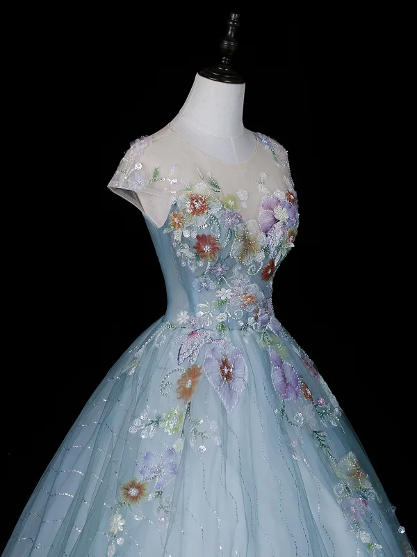 Vintage Himmelblau Perlenstickerei Spitze Blumen Pailletten Ballkleider 2026 Ballkleid Rundhalsausschnitt Ärmel Rückenfreies