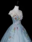 Vintage Himmelblau Perlenstickerei Spitze Blumen Pailletten Ballkleider 2026 Ballkleid Rundhalsausschnitt Ärmel Rückenfreies