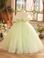 Chic / Beautiful Sage Green Sequins Birthday Flower Girl Dresses 2023 Ball Gown Ruffle Off-The-Shoulder Short Sleeve Backless Floor-Length / Long