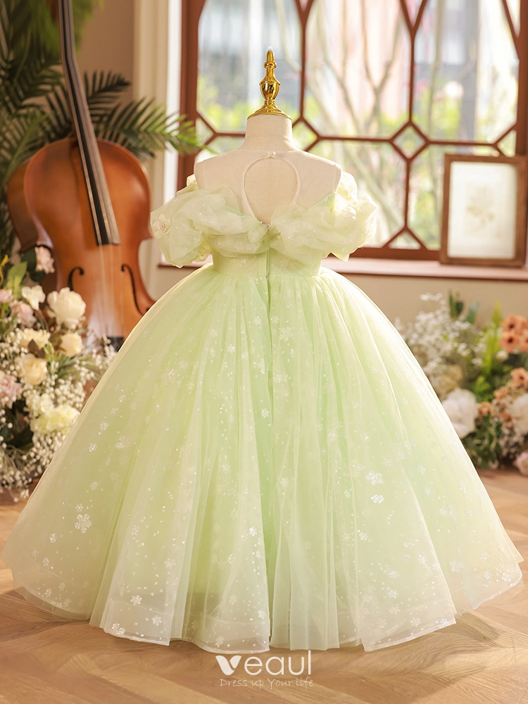 Chic / Beautiful Sage Green Sequins Birthday Flower Girl Dresses 2023 Ball  Gown Ruffle Off-The-Shoulder