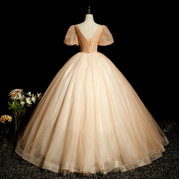 Classy Champagne Beading Sequins Prom Dresses 2023 Ball Gown Scoop Neck Short Sleeve Backless Floor-Length / Long Prom Formal Dresses