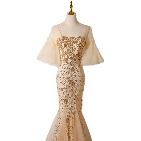 Charmant Champagne Paillettes Robe De Soirée 2022 Trompette / Sirène Encolure Carrée Manches Courtes Dos Nu Longue Robe De Ceremonie