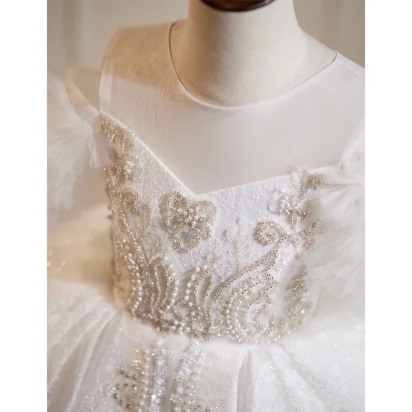 Charming White Beading Sequins Pearl Rhinestone Cascading Ruffles Flower Girl Dresses 2023 Ball Gown Scoop Neck Short Sleeve Sweep Train Birthday Flower Girl Dresses