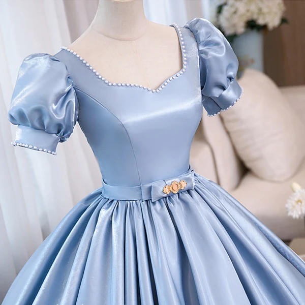 Chic / Beautiful Sky Blue Prom Dresses 2023 Ball Gown Pearl Square Neckline Puffy Short Sleeve Backless Bow Sash Floor-Length / Long Prom Formal Dresses