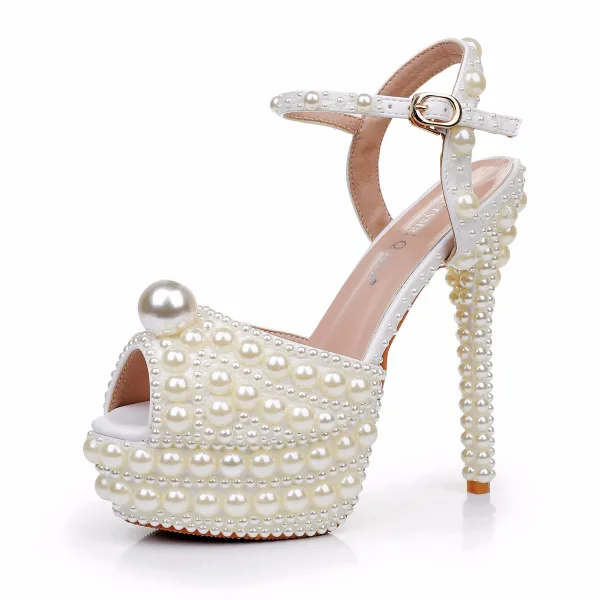 Elegant Beige Pearl Wedding Shoes 2024 14 cm Stiletto Heels Open / Peep Toe Wedding Sandals High Heels
