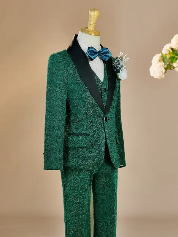 Fall Winter Glitter Dark Green Birthday Long Sleeve 6-piece Boys Wedding Suits 2025 Body Jewellery Coat Pants Shirt Tie Vest
