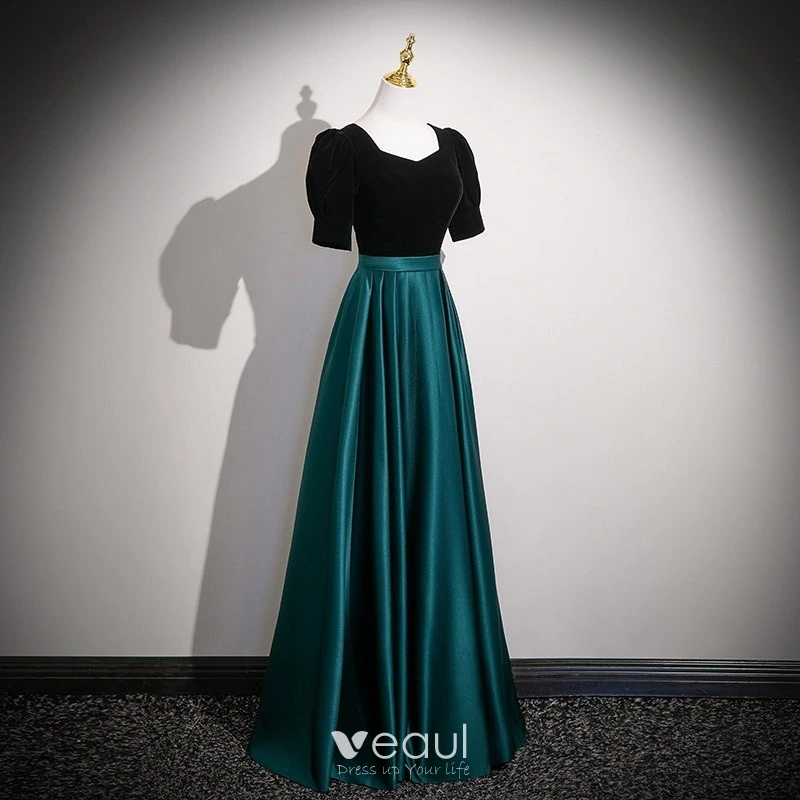 Elegant Dark Green Prom Dresses 2026 A-Line / Princess Square Neckline Short Sleeve Backless Floor-Length / Long Formal Dresses Elegant Dark Green Prom Dresses 2026 A-Line / Princess Square Neckline Short Sleeve Backless Floor-Length / Long Formal Dresses