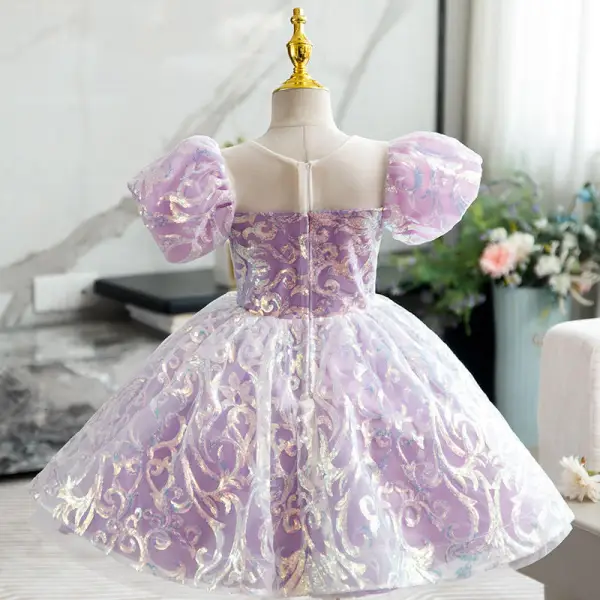 Chic / Beautiful Lavender Pearl Sequins Birthday Flower Girl Dresses 2022 Ball Gown Scoop Neck Puffy Short Sleeve Bow Short Flower Girl Dresses