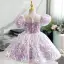 Chic / Beautiful Lavender Pearl Sequins Birthday Flower Girl Dresses 2022 Ball Gown Scoop Neck Puffy Short Sleeve Bow Short Flower Girl Dresses