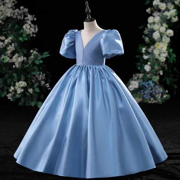 Modest / Simple Ocean Blue Birthday Flower Girl Dresses 2024 Ball Gown V-Neck Puffy Short Sleeve Backless Floor-Length / Long