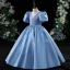 Modest / Simple Ocean Blue Birthday Flower Girl Dresses 2024 Ball Gown V-Neck Puffy Short Sleeve Backless Floor-Length / Long