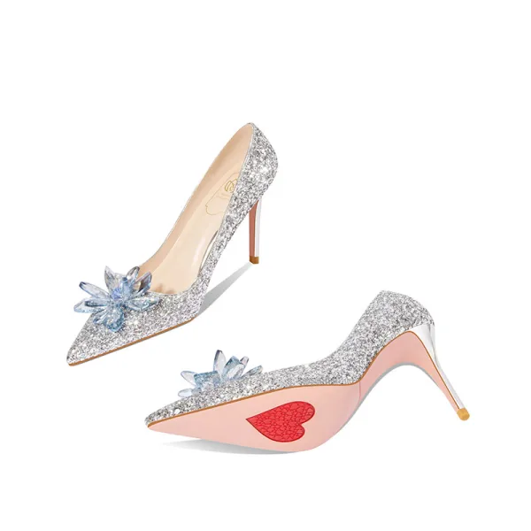 Sparkly Silver Crystal Sequins Wedding Shoes 2022 Leather 8 cm Stiletto Heels Pointed Toe Wedding Pumps High Heels