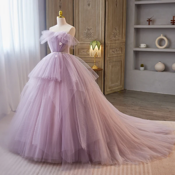 Elegant Lavender Cascading Ruffles Appliques Prom Dresses 2023 Ball Gown Off-The-Shoulder Sleeveless Pearl Backless Sash Sweep Train Prom Formal Dresses