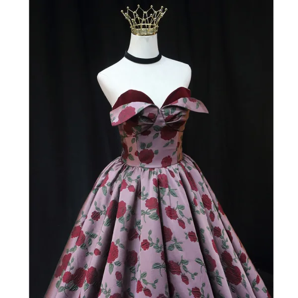Vintage / Originale Bordeaux Rose Impression Robe De Bal 2022 Princesse Satin Bustier Sans Manches Dos Nu Longue Promo Robe De Ceremonie