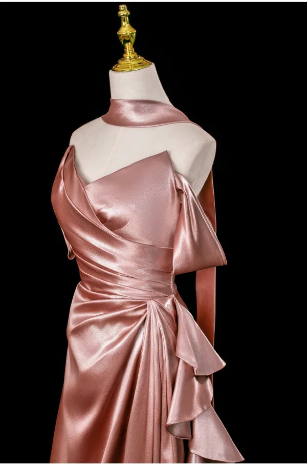 Sexy Rose Gold Satin Evening Dresses 2025 A-Line / Princess Strapless Sleeveless Backless Sweep Train Evening Party Formal Dresses