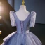 Bling Bling Elegant Ocean Blue Sequins Prom Dresses 2023 Ball Gown V-Neck Short Sleeve Backless Floor-Length / Long Prom Formal Dresses