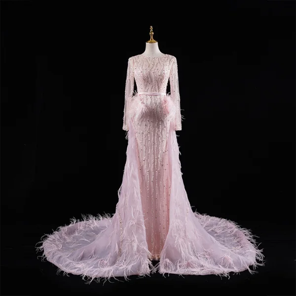 Luxe Rouge Fait main Perlage Paillettes Plumes Robe De Soirée 2023 Trompette / Sirène Encolure Dégagée Manches Longues Ceinture Tribunal Train Soirée Robe De Ceremonie