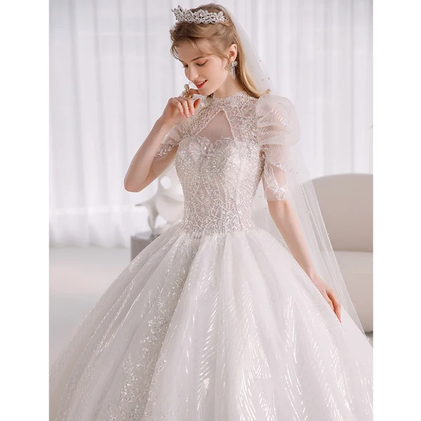 Fabulous White Beading Sequins Pearl Wedding Dresses 2022 Ball Gown High Neck Puffy Short Sleeve Backless Royal Train Wedding