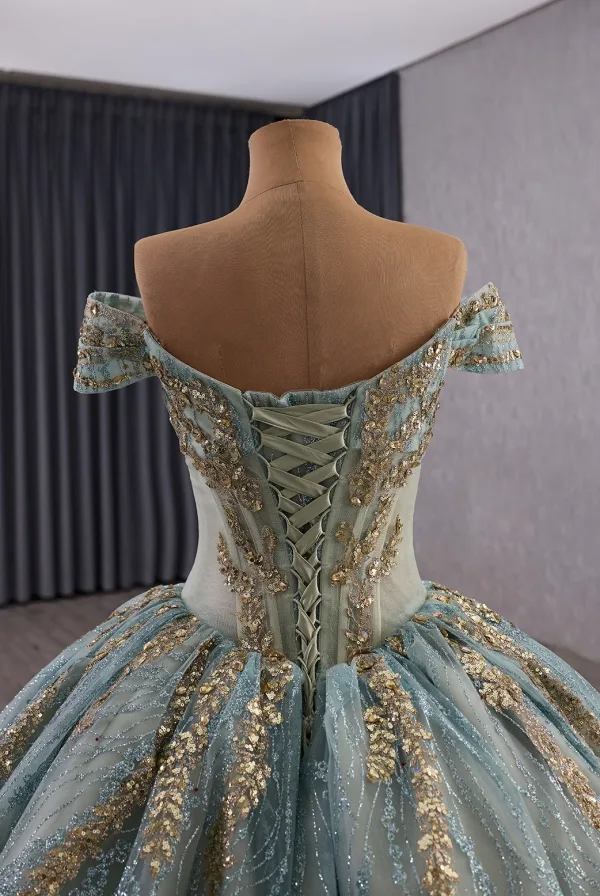 Luxury / Gorgeous Mint Green Handmade  Beading Sequins Prom Dresses 2025 Ball Gown Off-The-Shoulder Short Sleeve Backless Chapel Train Formal Dresses
