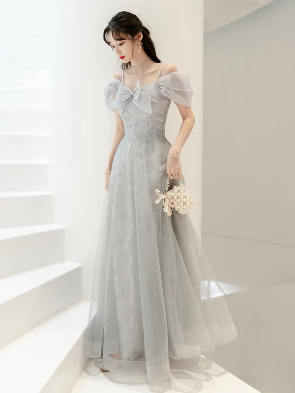 Fashion Grey Rhinestone Evening Dresses  2022 A-Line / Princess Spaghetti Straps Bow Short Sleeve Backless Floor-Length / Long Evening Party Formal Dresses