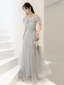 Fashion Grey Rhinestone Evening Dresses  2022 A-Line / Princess Spaghetti Straps Bow Short Sleeve Backless Floor-Length / Long Evening Party Formal Dresses