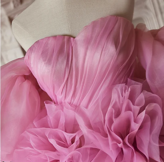 Exaggerated Fuchsia Cascading Ruffles Prom Dresses 2024 Ball Gown Off-The-Shoulder Puffy Short Sleeve Backless Chapel Train Prom Formal Dresses