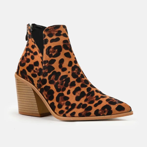 Mote Brun Høst Vinter Leopard Print Boots Dame 2023 Gateklær 8 cm Tykk Hæler Spisse Boots Høyhælte