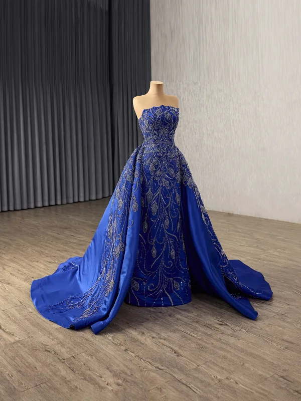 Vintage / Retro High-end Royal Blue Handmade  Beading Sequins Satin Prom Dresses 2025 Trumpet / Mermaid Strapless Sleeveless Backless Court Train Prom Formal Dresses