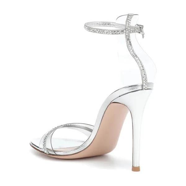 Sexy Silver Evening Party Womens Sandals 2022 Rhinestone Ankle Strap 11 cm Stiletto Heels Open / Peep Toe Sandals High Heels