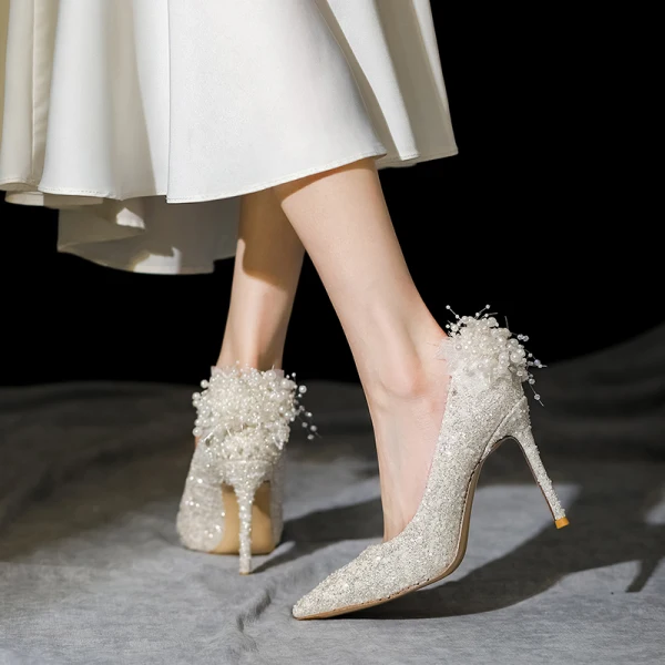 Scintillantes Charmant Beige Perle Paillettes Chaussure De Mariée 2023 Mariage 10 cm Talons Aiguilles À Bout Pointu Escarpins Talons Hauts