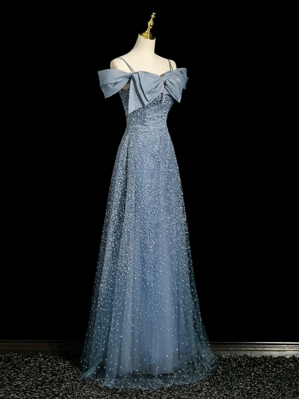 Bling Bling Meeresblau Perlenstickerei Strass Abendkleider 2023 A Linie Spaghettiträger Schleife Kurze Ärmel Rückenfreies Lange Abend Festliche Kleider