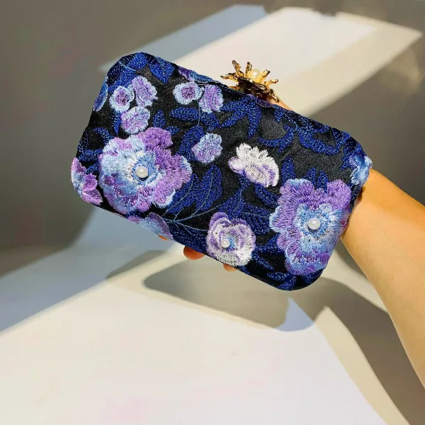 Chic / Beautiful Navy Blue Pearl Lace Flower Outdoor / Garden Clutch Bags 2023