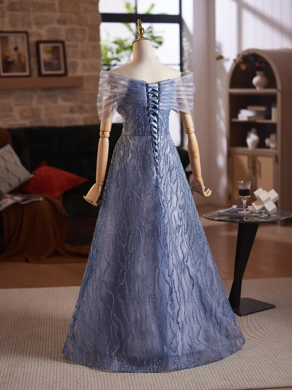 Sparkly Ocean Blue Glitter Sequins Prom Dresses 2025 A-Line / Princess Off-The-Shoulder Short Sleeve Backless Floor-Length / Long Prom Formal Dresses
