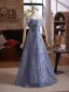 Sparkly Ocean Blue Glitter Sequins Prom Dresses 2025 A-Line / Princess Off-The-Shoulder Short Sleeve Backless Floor-Length / Long Prom Formal Dresses
