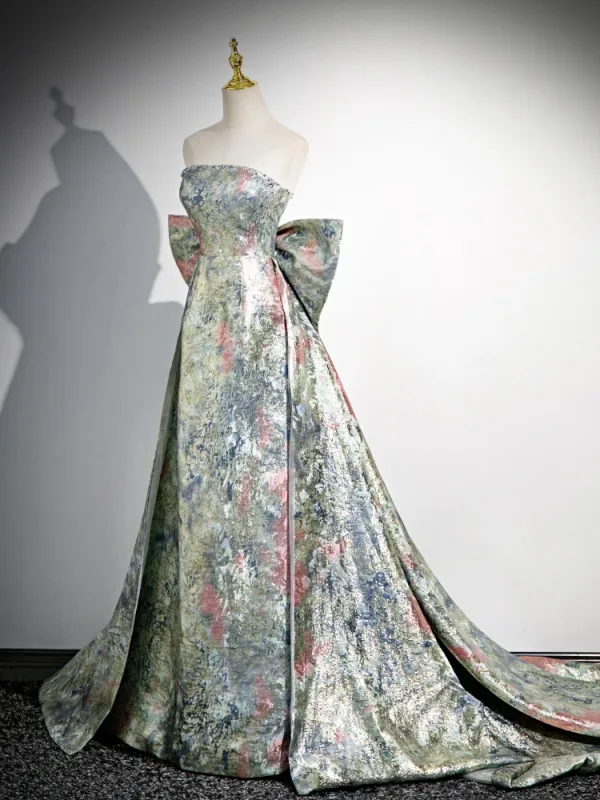 Fashion Multi-Colors Printing Prom Dresses 2024 A-Line / Princess Strapless Sleeveless Backless Bow Sweep Train Prom Formal Dresses