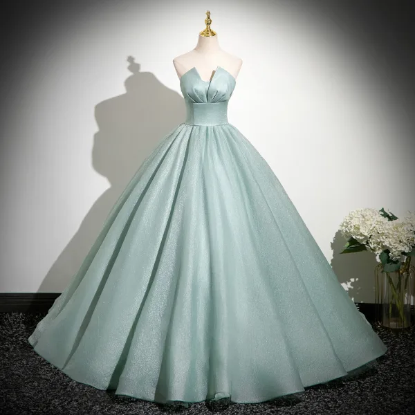 Sexy Pool Blue Prom Dresses 2025 Ball Gown Strapless Sleeveless Backless Floor-Length / Long Formal Dresses