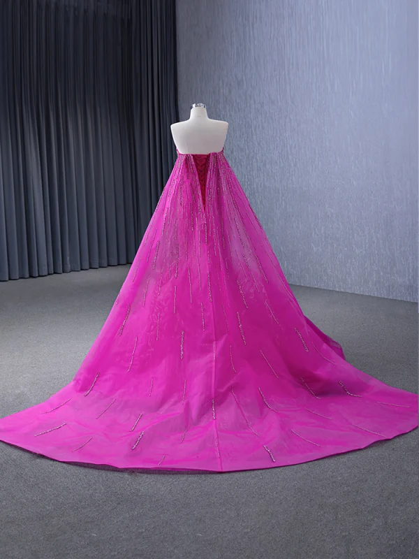 High-end Fuchsia Handmade  Beading Prom Dresses 2024 Trumpet / Mermaid Strapless Sleeveless Backless Court Train Prom Formal Dresses