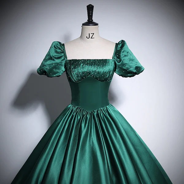 Vintage Retro Dark Green Satin Prom Dresses 2024 Ball Gown Square Neckline Short Sleeve Vintage Retro Dark Green Satin Prom Dresses 2024 Ball Gown Square Neckline Short Sleeve