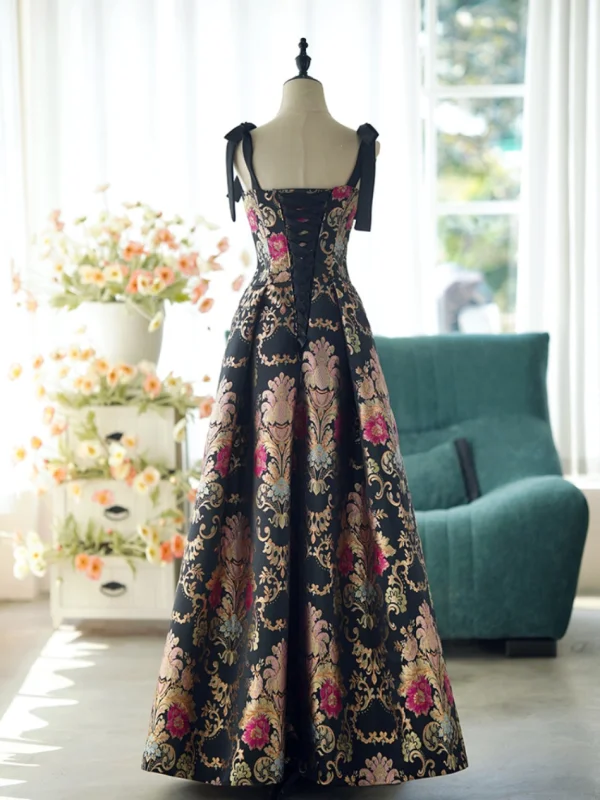 Vintage / Retro Black Printing Prom Dresses 2024 A-Line / Princess Spaghetti Straps Sleeveless Backless Floor-Length / Long Prom Formal Dresses