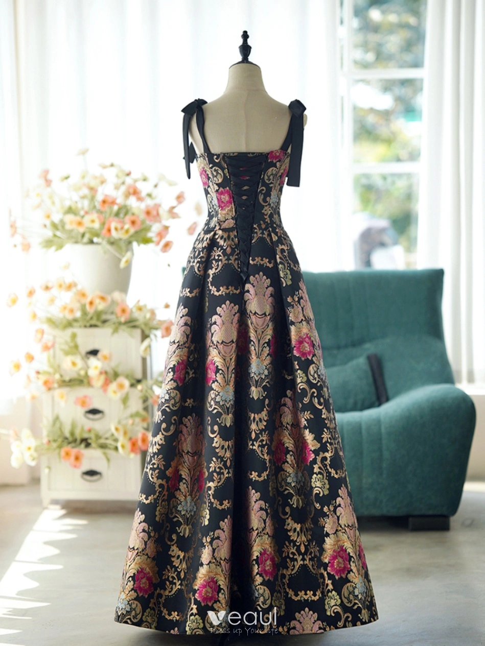 Spaghetti Straps Long Print Black A-line Prom Dress Spaghetti Straps Long Print Black A-line Prom Dress