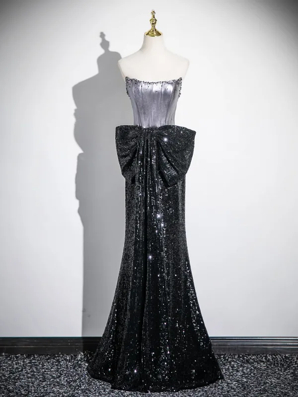 Sexy Black Sequins Bow Prom Dresses Evening Dresses 2025 Trumpet / Mermaid Off-The-Shoulder Short Sleeve Backless Floor-Length / Long Evening Party Formal Dresses
