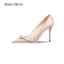 Elegant Beige Satin Prom Bow Pumps 2024 10 cm Stiletto Heels Pointed Toe High Heels