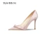 Elegant Beige Satin Prom Bow Pumps 2024 10 cm Stiletto Heels Pointed Toe High Heels