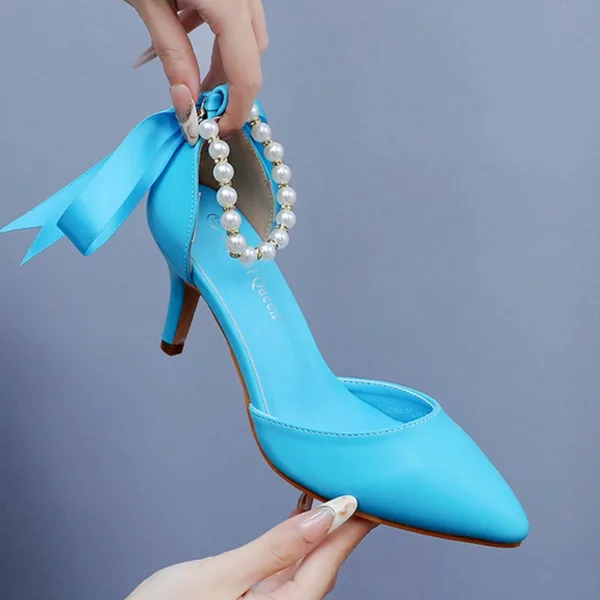 Sexy Black Pearl Ankle Strap Evening Party Womens Shoes 2024 7 cm Stiletto Heels Pointed Toe High Heels