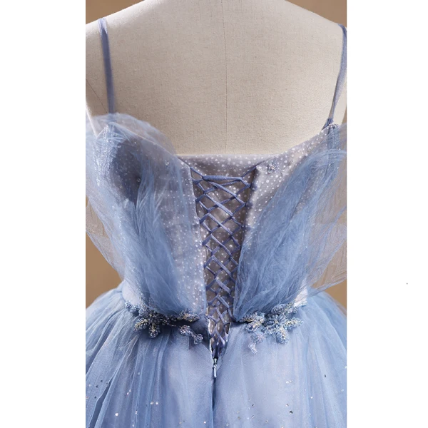 Sexy Bleu Ciel Perlage Faux Diamant Robe De Soirée 2023 Princesse Bretelles Spaghetti Sans Manches Dos Nu Longue Soirée Robe De Ceremonie