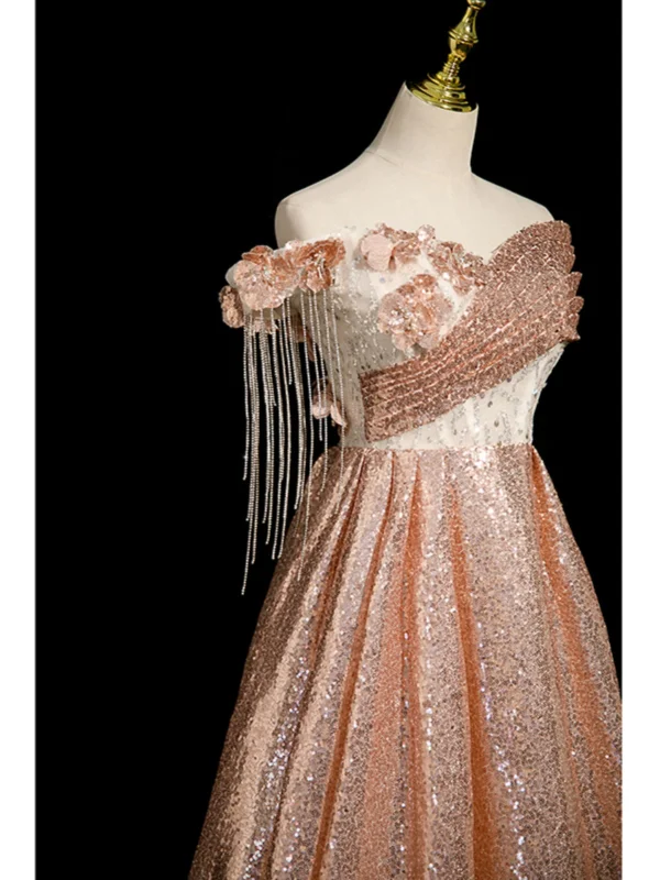 Sparkly Champagne Beading Sequins Tassel Prom Dresses 2024 A-Line / Princess Off-The-Shoulder Short Sleeve Backless Floor-Length / Long Prom Formal Dresses