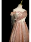 Sparkly Champagne Beading Sequins Tassel Prom Dresses 2024 A-Line / Princess Off-The-Shoulder Short Sleeve Backless Floor-Length / Long Prom Formal Dresses