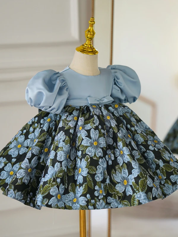 Chic / Belle Bleu Ciel Anniversaire Impression Courte Robe Ceremonie Fille 2023 Robe Boule Encolure Dégagée Gonflée Manches Courtes