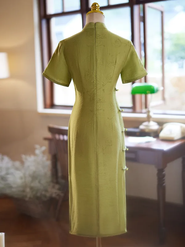 Chinese style Clover Green Summer Tea-length Cheongsam Trumpet / Mermaid 2024 High Neck Short Sleeve
