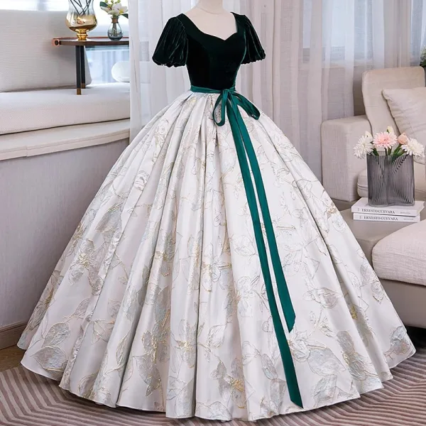 Elegant Dark Green Printing Prom Dresses 2023 Ball Gown Velvet Square Neckline Bow Sash Short Sleeve Backless Floor-Length / Long Prom Formal Dresses
